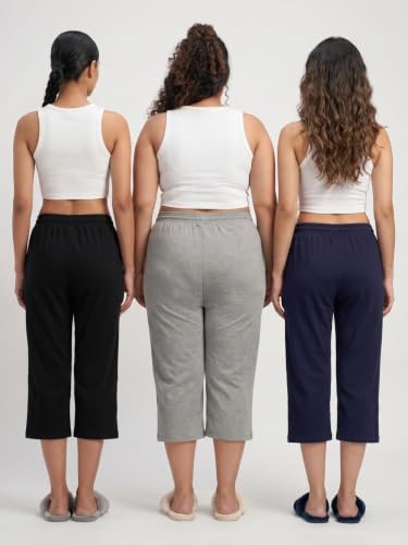 Image of Fflirtygo Women's Cotton Plain Calf Length Capri | Nightwear Pajama | 3 /4th Solid Pyjama Pant | Black Navy and Lavender Lounge Pants | Casual wear & Lounge Wear Capri Combo (Pack of 3)