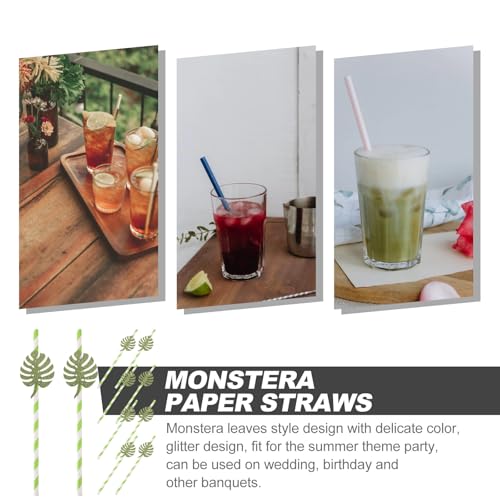 10 pitillos de papel con diseño hoja Monstera verdes claros miniatura 3