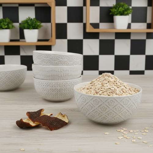 UDNORDGLOW Cereal Bowls 24 oz, Ceramic Soup Bowl for Kitchen, Ceramic Embossed Bowl for pho, Chip, Fruits, Breakfast, Salad, Snack,Large Bowl Decor & Housewarming Gift - 6 in, Set of 4, Arctic White