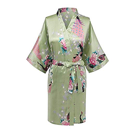 Women's Short Kimono Robes Bride and Bridesmaid Satin Floral Bathrobe Peacock Sleepwear Dressing Gown for Wedding Party