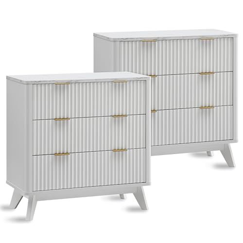 T4TREAM Fluted 3 Drawers Nightstand Set of 2, Oversized Extra