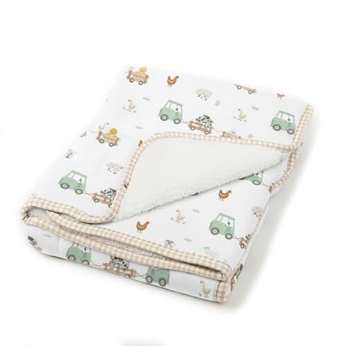 Living Textiles Jersey/Sherpa Pram Blanket - 70 x 90cm Premium Fabric for Baby's Best Comfort, Super Soft Baby Quilt for Crib Bed, Stroller, Cot, Daycare, Travel, Kids, (Tractor Ride)