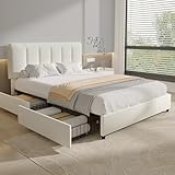 VECELO Queen Upholstered Bed Frame with 4 Storage Drawers and Adjustable Velvet Headboard, Heavy-Duty Platform bedframe, No Box Spring Needed, Pure White