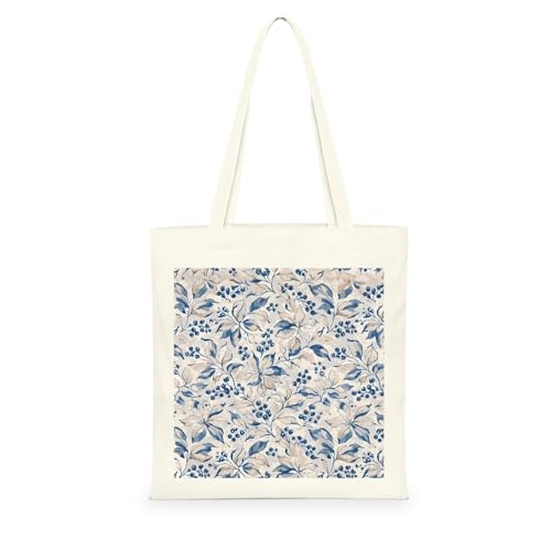 Genérico Bolsa Tote Bag 35X38Cm Hojas Azules Bolsa Tela Para Pintar Estampada Bolsas De Con Algodon Asas Blanca Por Niñas Y Mujeres Lienzo Bolsas Eco, Lavadora, Compras, Vacaciones, Trabajo