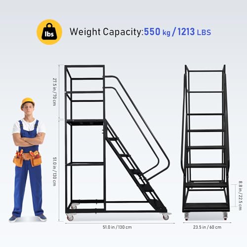 Image of 6 Step Rolling Ladder with Wheels, 1200LBS Capacity Industrial & Warehouse Rolling Stairs, Non-Slip Rolling Steps with Stair Edge Protector, Easy to Move Rolling Steps for Goods Shelves, Black