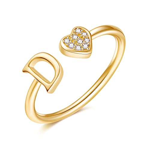 Image of Initial Rings for Teen Girls - S925 Heart Sterling Silver Rings for Teen Girls | 14K Gold /Rose Gold /Sterling Silver Plated Ring for Girls Kids Women Ring for Teenager Girls Gifts Adjustable, No Tarnish, Hypoallergenic