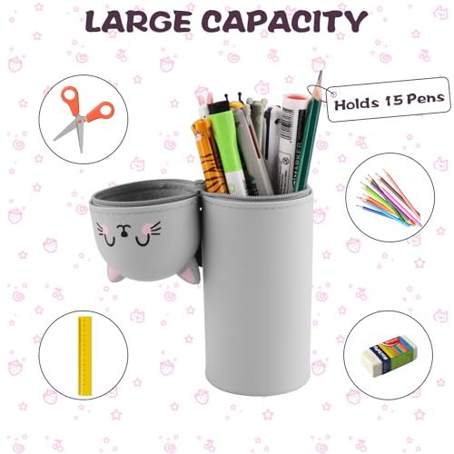Zosenyer 2-in-1 Weiche Federmäppchen, Kawaii Federmäppchen Katze, Silikon Kitty Stifte Mäppchen, Stand Up Tischstifthalter, Schulmäppchen mit Reißverschluss für Buntstifte Marker