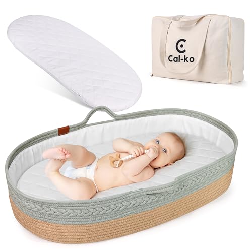 Cal-ko Moses Basket for Newborns – Baby Changing Basket with Waterproof Pad – Reinforced Mesh Sides – Includes Travel Case – Portable Diaper Basket for Dresser Top or Nursery Use (Cotton, Teal)