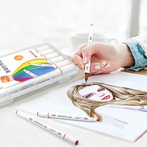 Image of Lakeer Alcohol Markers, Dual Tip Fine and Broad Chisel, Pack of 12 Assorted Colours with Plastic Carrying Case, Ideal for Sketching, Painting, Anime, Manga and Illustration