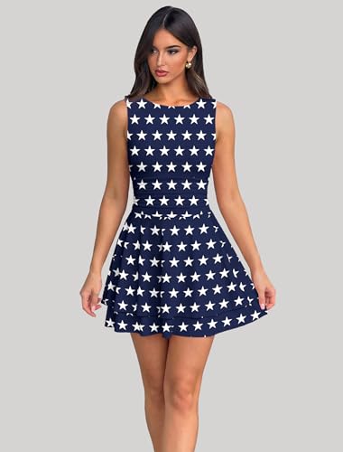 Image of IWD Women's Boat Neck Sleeveless Mini Dress Ruched Waist Flowy Tiered Ruffle Hem A Line Party Short Dresses