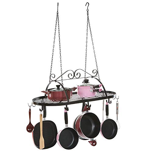 Mygift Black Scrollwork Metal Pot And Pan Ceiling Hanging Rack Heavy Duty Cooking Pans And Utensil Hanger With 10 Dual Hooks #TOP5