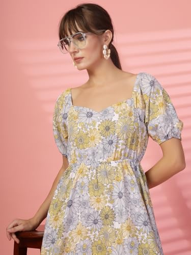 Image of OOMPH! Below Knee Shift Pink Dress in Crepe Fabric with Round Neck and Puff Sleeves - md619l