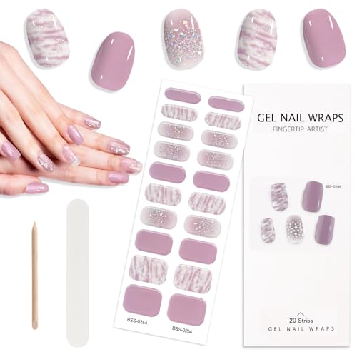 TOROKOM Semi Cured Gel Nail Strips, 20PCS Gel Nail Stickers Full Nail Wraps Strips, Purple Aura UV Gel Nail Stickers with Nail File, Wooden Stick for Women DIY Manicure Decorations