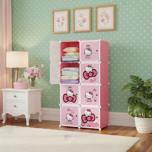 Image of KRISHYAM Kids Modular Storage Cabinet with Pink Kitty Cartoon Design Doors, 8 Cube Plastic Wardrobe Organizer, DIY Closet System with Hanging Rod, Toy & Clothes Storage (Hello Kitty, 8 Box)