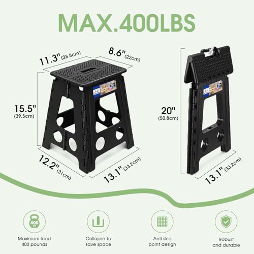 Image of ACKO Folding Step Stool Foldable 16 Inch Stools for Adults and Kids, Plastic Stools Tall 400 lbs Capacity, Collapsible Stool for Kitchen Stepping Foot Stool with Handle, Dot Black,1 PC