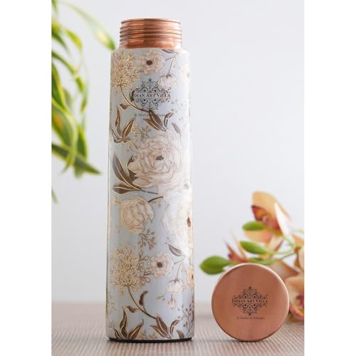 Image of INDIAN ART VILLA Copper Gold Print Copper Bottle, Copper Drinkware, 800 ML, Gold Printed White