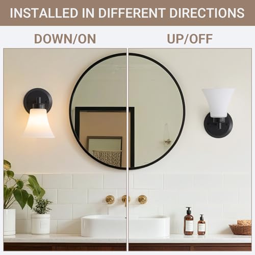 Image of LOUSACE 2 Pack 1-Light Bathroom Vanity Lights Black Vintage Bathroom Lighting Fixtures with Opal White Glass, Set of 2 Single Vanity Wall Sconces for Side Mirror Cabinet Stairs Kitchen Living Room
