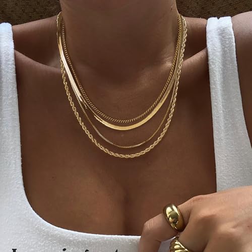 Tewiky Layered Necklaces for Women Non Tarnish- Chunky 14k Gold Plated Herringbone/Snake/Rope/Box/Cuban Link Chain for Women Waterproof Layering Stack Choker Necklace Trendy Dainty Tarnish Free Jewelry Set - Image 3