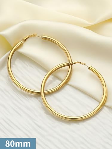 Image of Stainless Steel Chunky Hoop Earrings For Women, Minimalist and Chic, Black /Gold Plated, Round Hoops Earrings Hypoallergenic, Size: 30mm /40mm /60mm /80mm, Come with Box