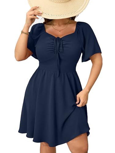 Image of RWJ Women Plus Size Summer Dress Short Sleeve Tie Front Sweetheart Neck Casual Mini Wedding Guest Dresses 2025