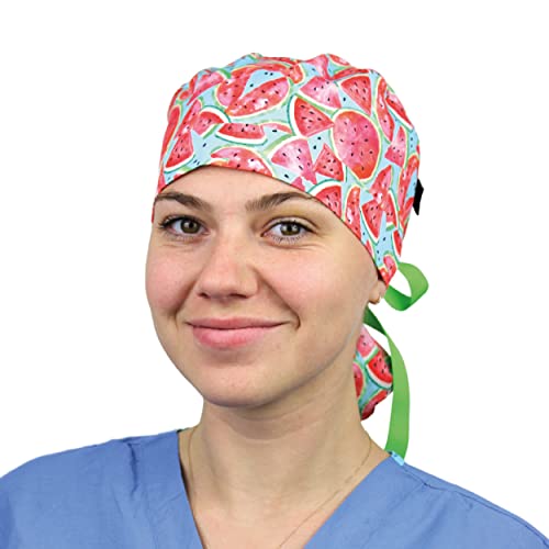 Image of Scrub Cap for Women and Men, Ponytail Scrub Caps, Working Hat, Head Cover with Ribbon Ties and Buttons, Long Hair