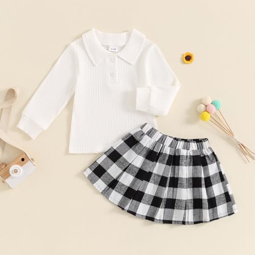 Image of BeQeuewll Toddler Girl Fall Winter Clothes Set Long Sleeve Ribbed Knit Shirt Plaid Tutu Skirt Kids Girls Dress 1T 2T 3T 4T 5T (White, 3-4T)