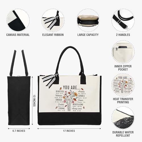 Image of XIKAINUO Inspirational Religious Canvas Tote Bag, Christian Religious Gifts for Women Faith, Christian Gifts for Women Friends Mom Coworker Teacher, Black White