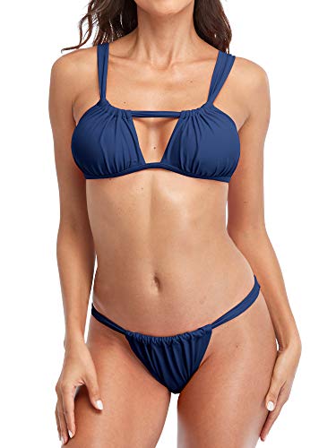 beautyin Womens Keyhole String Low Waisted Two Piece Bikini Swimsuits Sets Navy M
