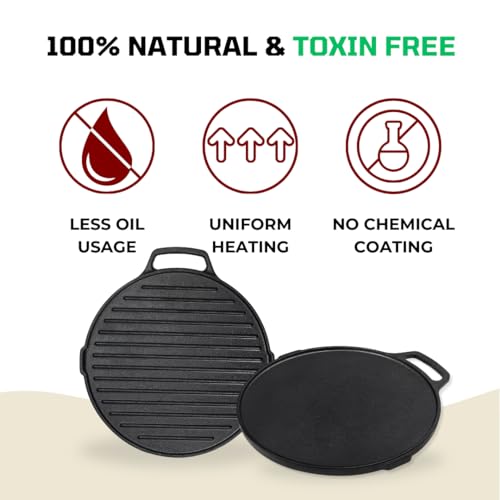 Image of Pencil Pre-Seasoned 2 in 1 Cast Iron Dosa & Griddle Tawa 25 cm | Compatible with Gas Stoves & Induction | Naturally Nonstick | 100% Pure & Toxin-Free | No Chemical Coating | Long-Lasting | Black