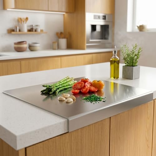 Tabla de cortar de acero inoxidable con borde, superficie resistente a rayaduras y apta para lavavajillas, tamaño 30x30 cm