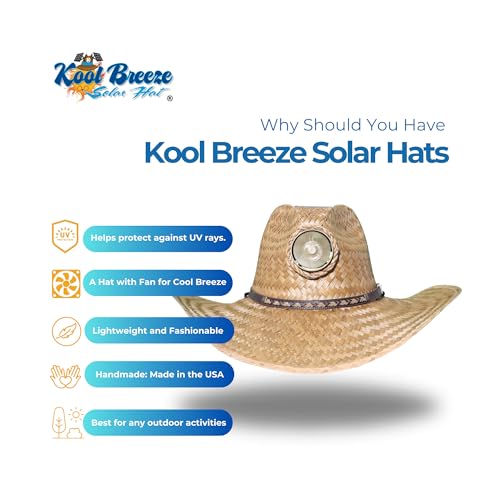 Image of KOOL BREEZE SOLAR HAT - Gentlemen Brown with Thin Band Straw Hat - Hat with Fan Built in UV Sun Solar - Extra Large