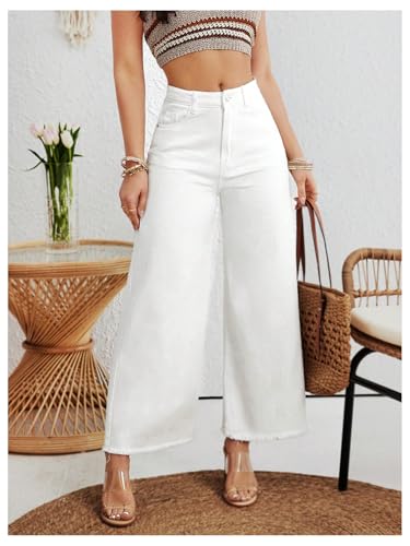 WDIRARA Women's Frayed Hem Denim Palazzo Pants High Waist Wide Leg Baggy Jeans with Pockets4