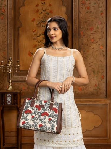Image of ZOUK Nawabi Couture Floral Printed Jute Handcrafted Vegan Leather Brown Women's Handbag | Ladies Purse Handbag | Double Handle Detachable Strap