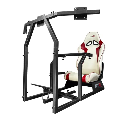 GTRシミュレーター GTAモデル 黒 フレーム 白+赤 リアルレーシングシート／ 黒 モニターマウント／ドライビングシミュレーターコックピットゲーミングチェア／シフトレバーマウント付き