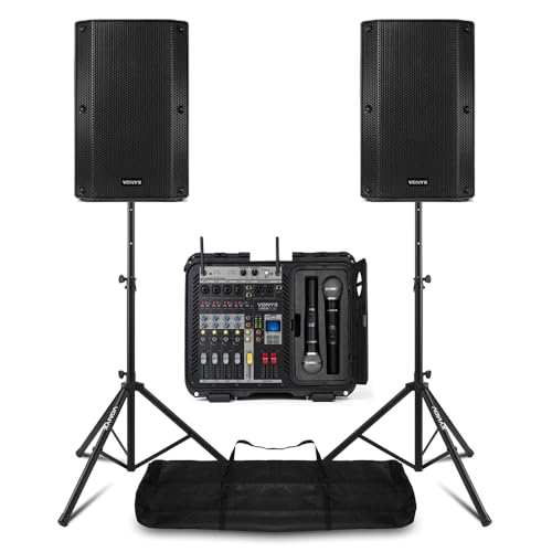 Full PA System with 12'' VSA12P Passive 2-Way Passive Speakers, 6-Channel Power Mixer & Wireless Mics | Complete PA Amp and Speaker Kit for Live Music, Events, and Public Speaking