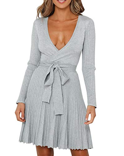 R.Vivimos Women's Autumn Long Sleeve V Neck Elegant Knitted Slim Knee-Length A-Line Sweater Dress