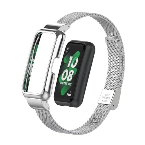 T-BLUER Bracelet de rechange en acier inoxydable compatible avec Huawei Band 8,avec cadre en métal pour Huawei Band 7/8 Argent