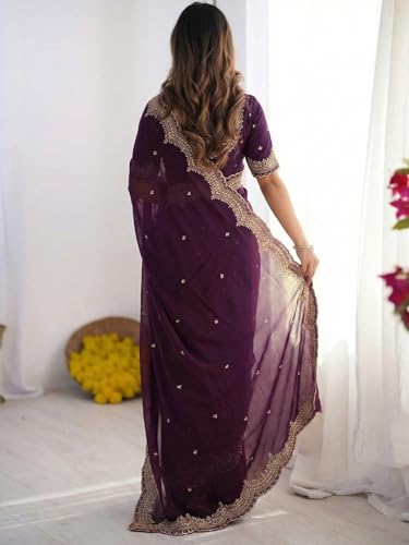 Image of SIRIL Women's Shimmer Georgette Scalloped Border Sequins Embroidery Saree with Unstitched Blouse Piece