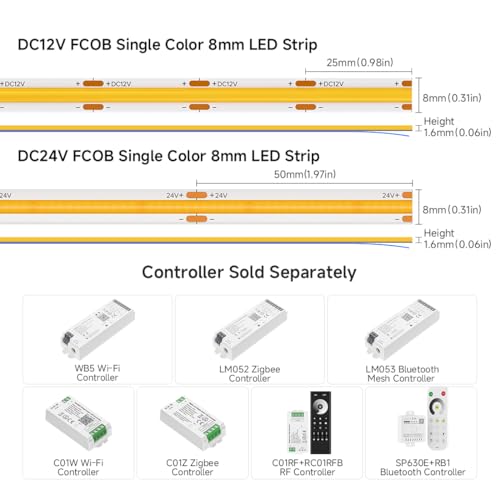 Image of BTF-LIGHTING Orange COB LED Strip Light, UL Listed 480LED /m High Density Uniform Light,16.4FT DC24V 8mm Width 3M Tape Light for Cabinet Bedroom Home Indoor DIY Lighting(No Adapter or Controller)
