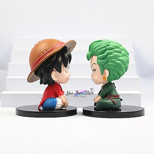 Image of Blue Aura Luffy Zoro Action Figure Set of 2 Height -7.5cm | Random Set of 2 | Multicolour PVC | Luffy - Zorro Smile