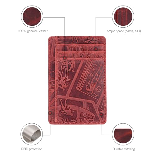 Image of Oak Leathers Leather Slim Minimalist Wallet for Men & Women RFID Front Pocket Leather Card Holder Wallets (Egyptian Red)
