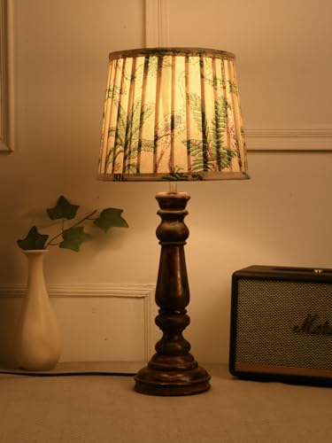 Image of Green Girgit Classic Wooden Lamp in Walnut Brown Color with Pleeted Multiolor Green Shade, Vintage Wooden Table Lamp with Tropical Print Shade, Decorative Light for Bedroom (LED Bulb Included)