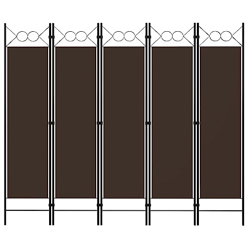 Biombo de 5 piezas marrón 200 x 180 cm, separador independiente para privacidad, elegante divisor con diseño de círculos, plegable, de tela y hierro