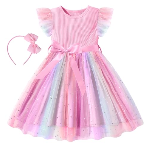 Toddler Girls Tulle Dress Summer Ruffle Sleeveless Baby Girl Fashion Tutu Dresses with Headband Princess Dress 2-6Y Pink