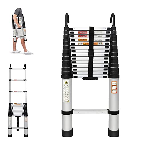 Aluminum Telescoping Ladder 14.4FT Straight Extension Ladder with 2 Hooks, Weight 28.7lbs Portable Folding Ladder, 330lbs Max Load Adjustable Height for Indoor Outdoor RV Home Office