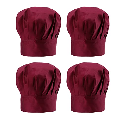 Clzemo 4 Pack Kitchen Cooking Cap, Comfort Breathable Chef Hats for Men Women, Adjustable Working Caps for Baking Catering Claret