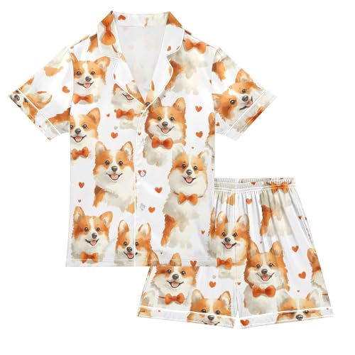 ALAZA Dog with Bow Tie Heart Satin Pajamas Set Short Sleeve Button Down Sleepwear Summer Pjs 2 Piece