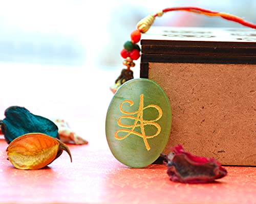 Image of Pre-Energized Natural Green Aventurine Zibu Coin to Attract Money Coin Cash flow and Wealth. Certified. Angle Number & Zibu Symbol of Abundance. Cabochon Oval Shape Feng Shui Both Side 1 Pc