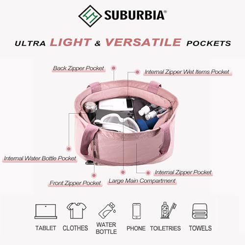 SUBURBIA Tote Bag for Women - Gym Tote Bag with Zipper, Work Bag with Large Compartment, Yoga Bag with Wet Pocket, Beach bag for Travel, Shopping, Grocery, College, Nurse, Heather Pink2