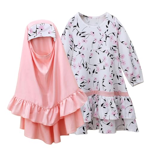 Prayer Dress for Girls Muslim Kids Islamic Floral Dresses Toddler Modest Outfit Ruffle Maxi Abaya Full Length Robe with Hijab